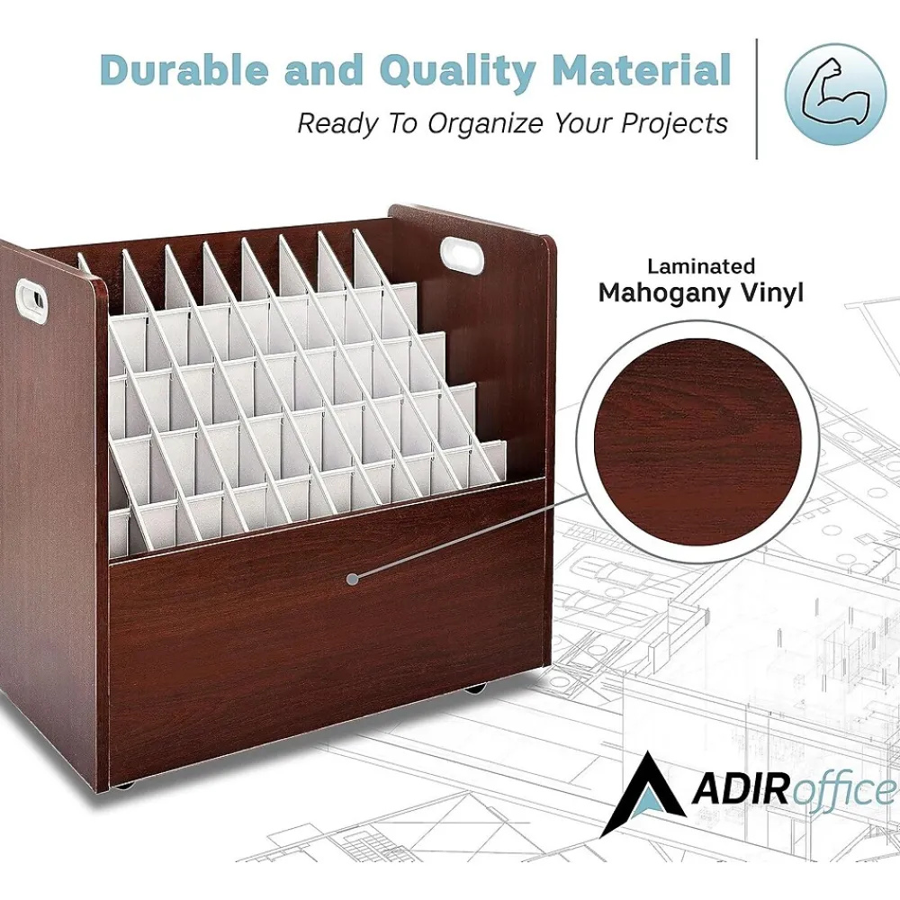 File Cabinets*AdirOffice 50-Slot Mobile Roll File, 28.5"H x 30"W x 15.75"D, Mahogany (626-MA-KIT1)