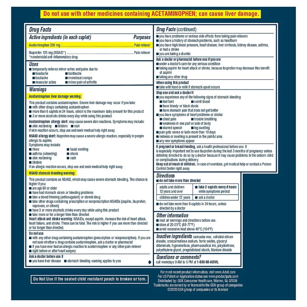Dual Action 250mg Acetaminophen/125mg Ibuprofen Caplets, 2/Packet, 50 Packets/Box (014795)<Advil Online