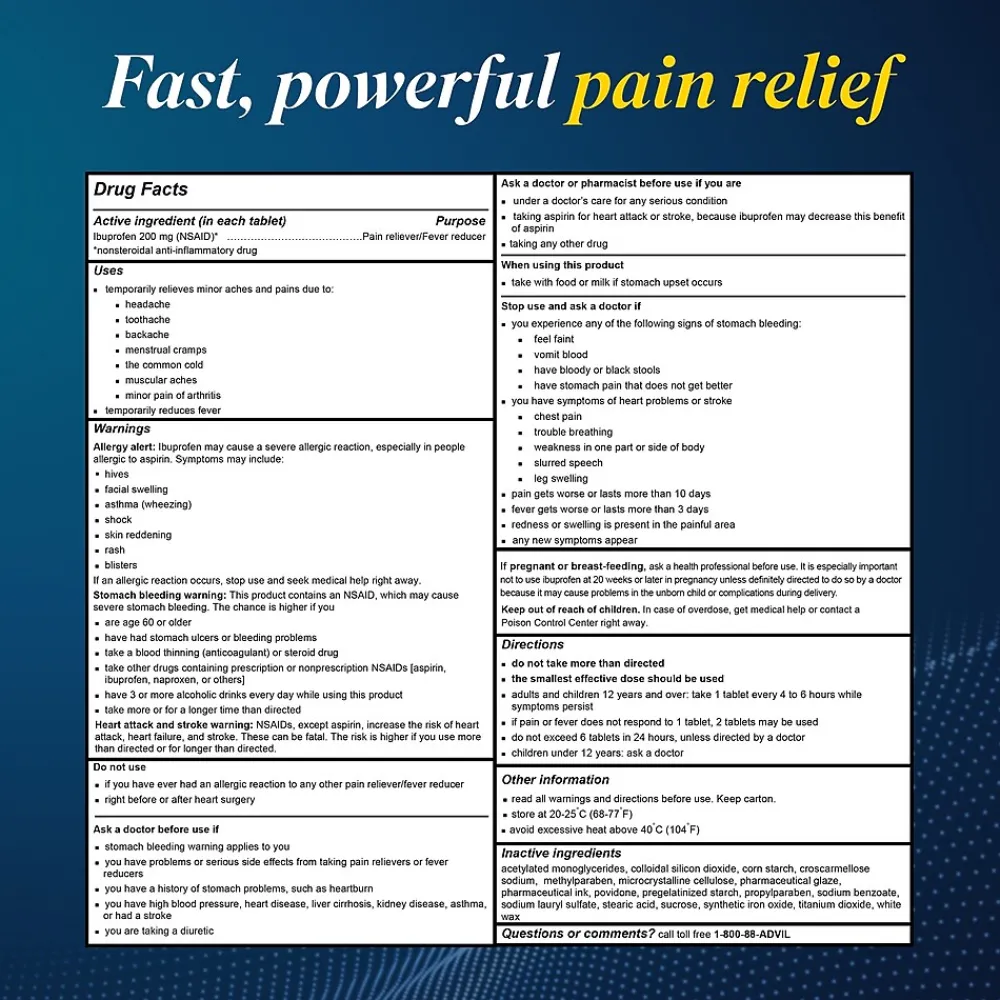 Ibuprofen Pain Reliever/Fever Reducer, 200mg, 100/Box (015040)<Advil Clearance