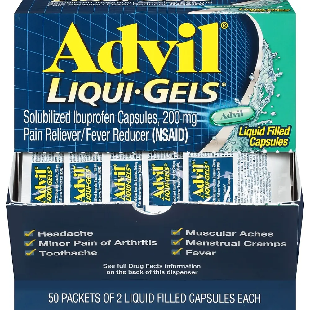 Liqui-Gels Pain Reliever/Fever Reducer, Solubilized Ibuprofen 200mg, 2/Packet, 50 Packets/Box (016902)<Advil Hot