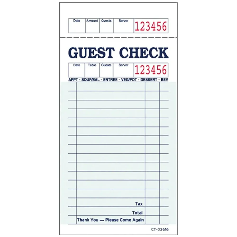 Business Forms*Alliance 1-Part Carbonless Guest Checks, 3.4" x 6.73", 50 Sets/Book, 2/Carton (367401)