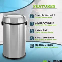 Commercial Trash Can with Swing Lid, Stainless Steel, 17 Gallon (470-65L-1)<Alpine Industries Sale