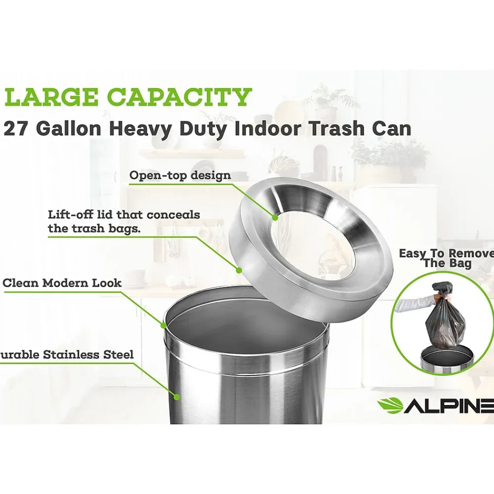 Commercial Indoor Trash Can, 27 Gallon, Stainless Steel (475-27)<Alpine Industries Hot