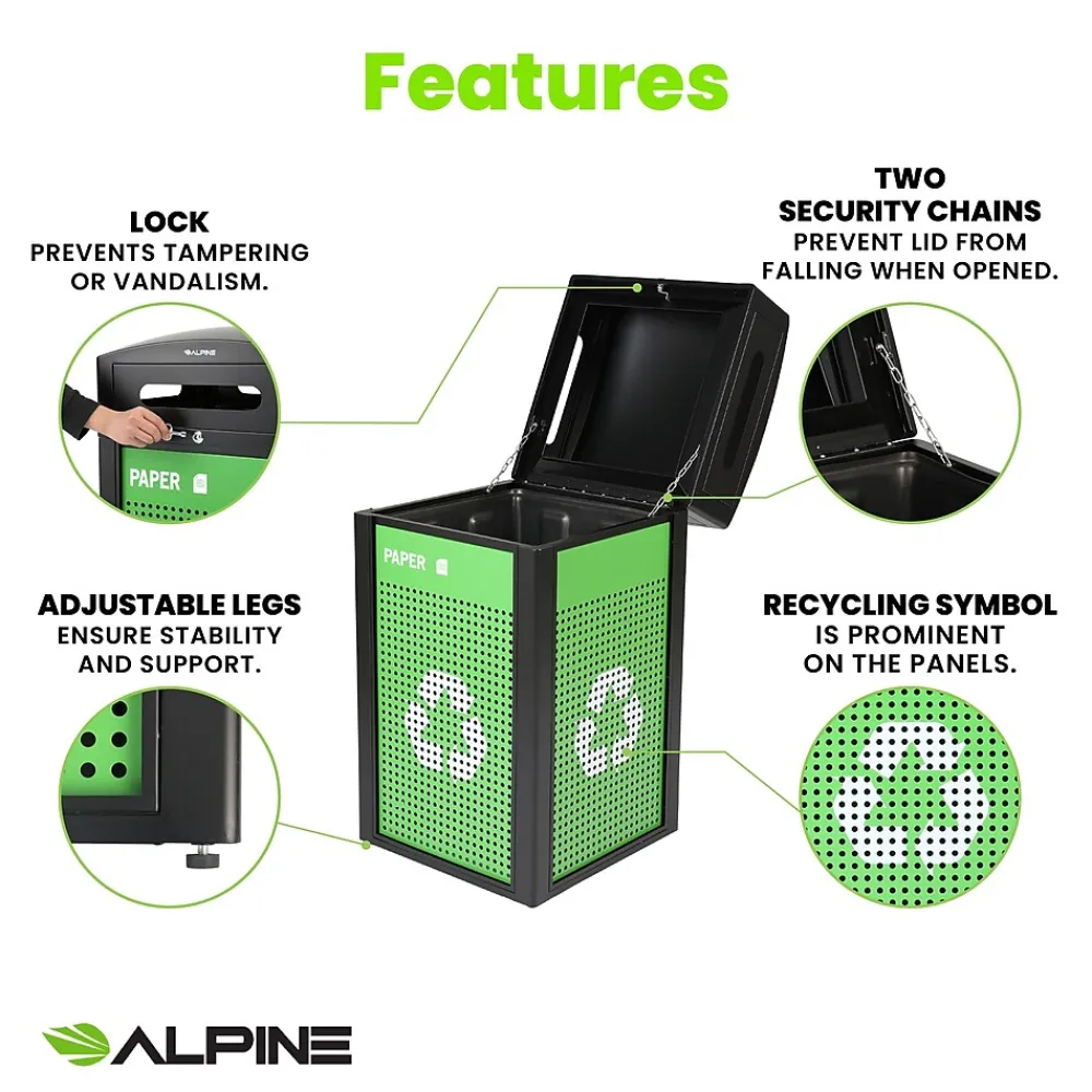 GS Series Steel Recycling Bin, 40 Gallon, Green (ALP471-40-GS-S)<Alpine Industries New