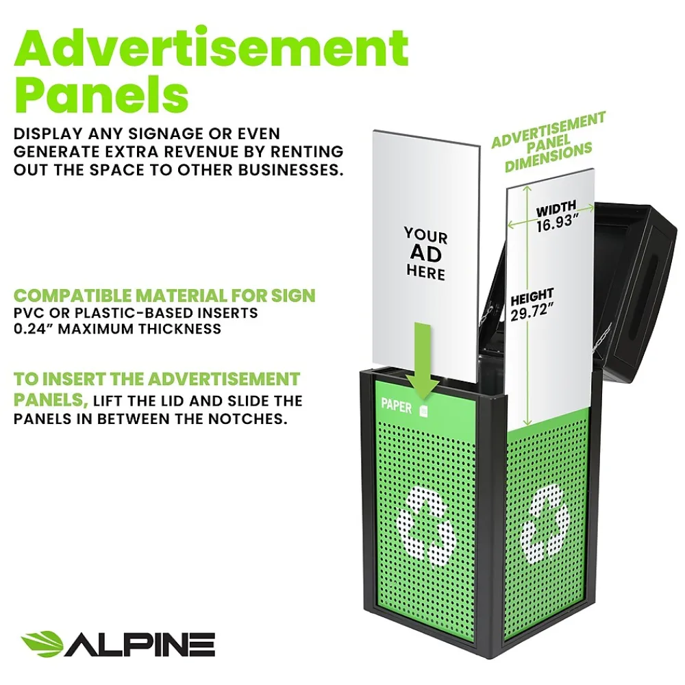 GS Series Steel Recycling Bin, 40 Gallon, Green (ALP471-40-GS-S)<Alpine Industries New