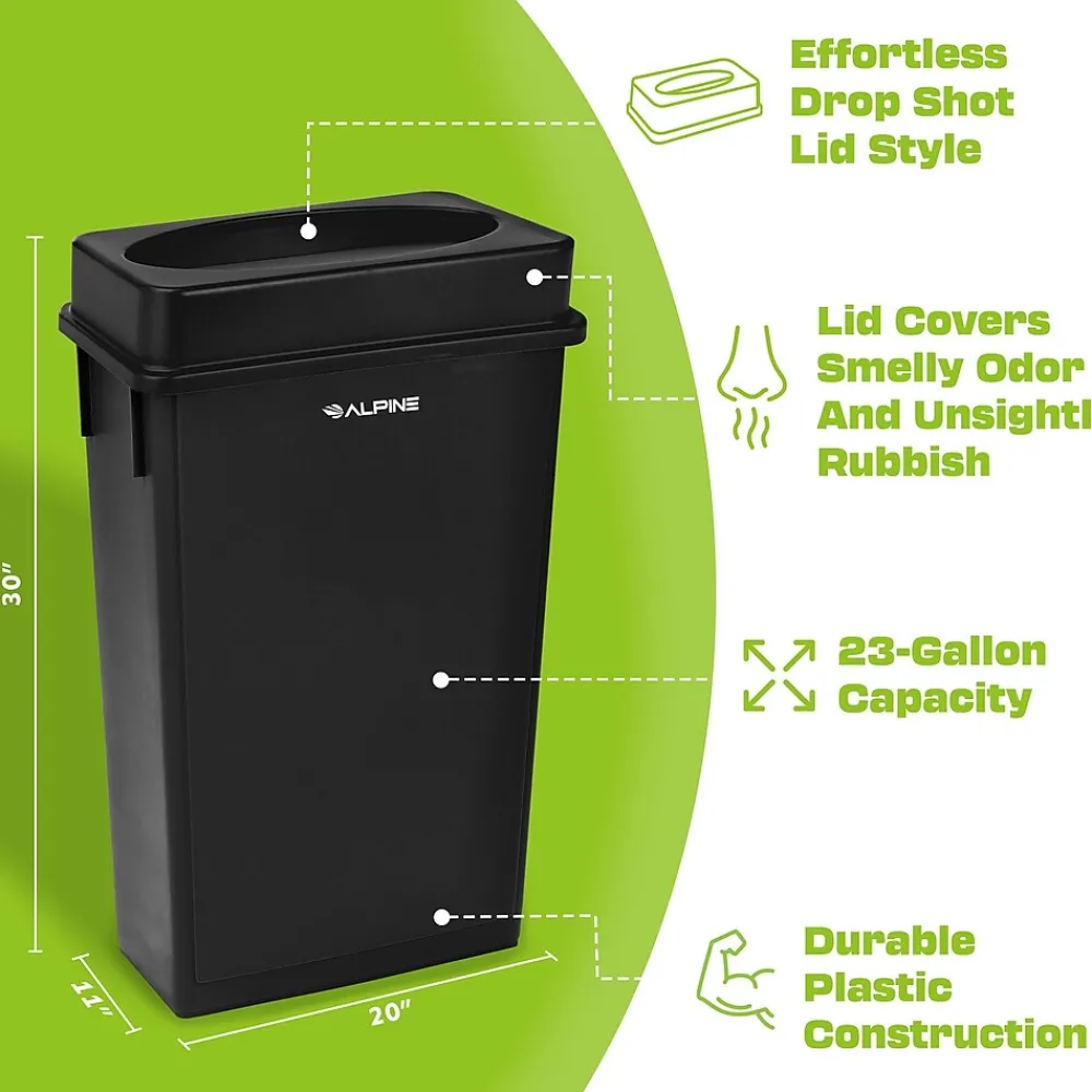 Plastic Indoor Slim Commercial Trash Can with Lid, 23 Gallon, Black (477-BLK-PKG1)<Alpine Industries Discount