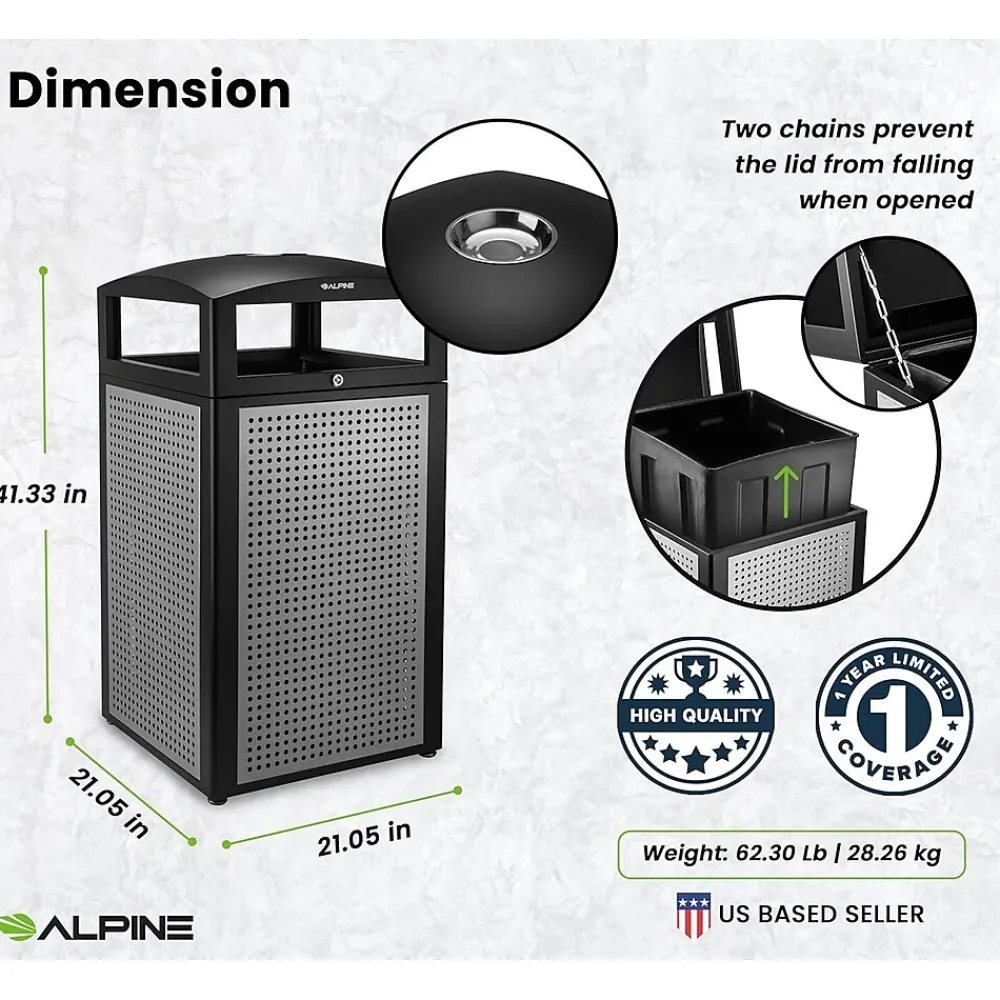 Steel Outdoor Commercial Trash Can with Ashtray Lid, 40 Gallon, (472-40-SIL)<Alpine Industries Online