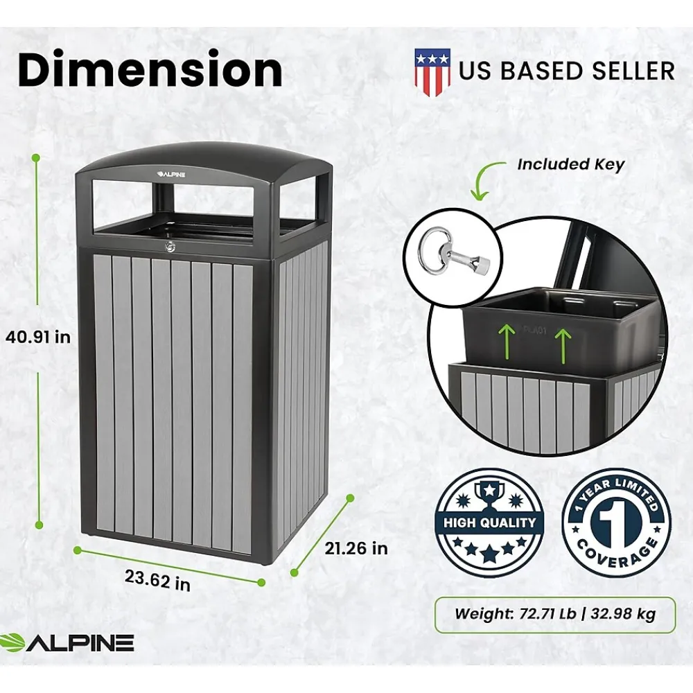 Steel Outdoor Trash Can with Dome Lid, 40 Gallon, (ALP471-40-WD-GRY)<Alpine Industries Discount