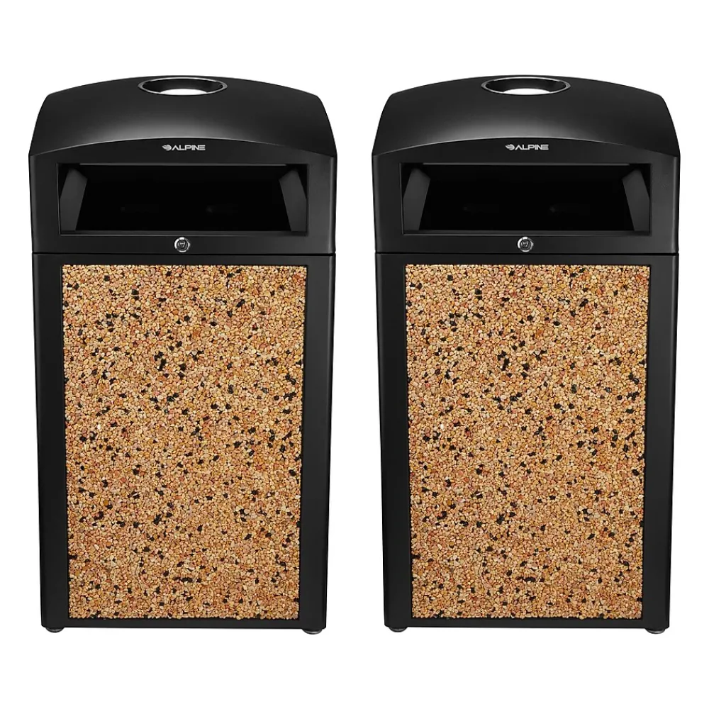 Steel Outdoor Trash Can with Covered Top and Open Sides, 40-Gallon, Black/Stone, 2/Pack (ALP472-40-STO-2PK)<Alpine Industries Best