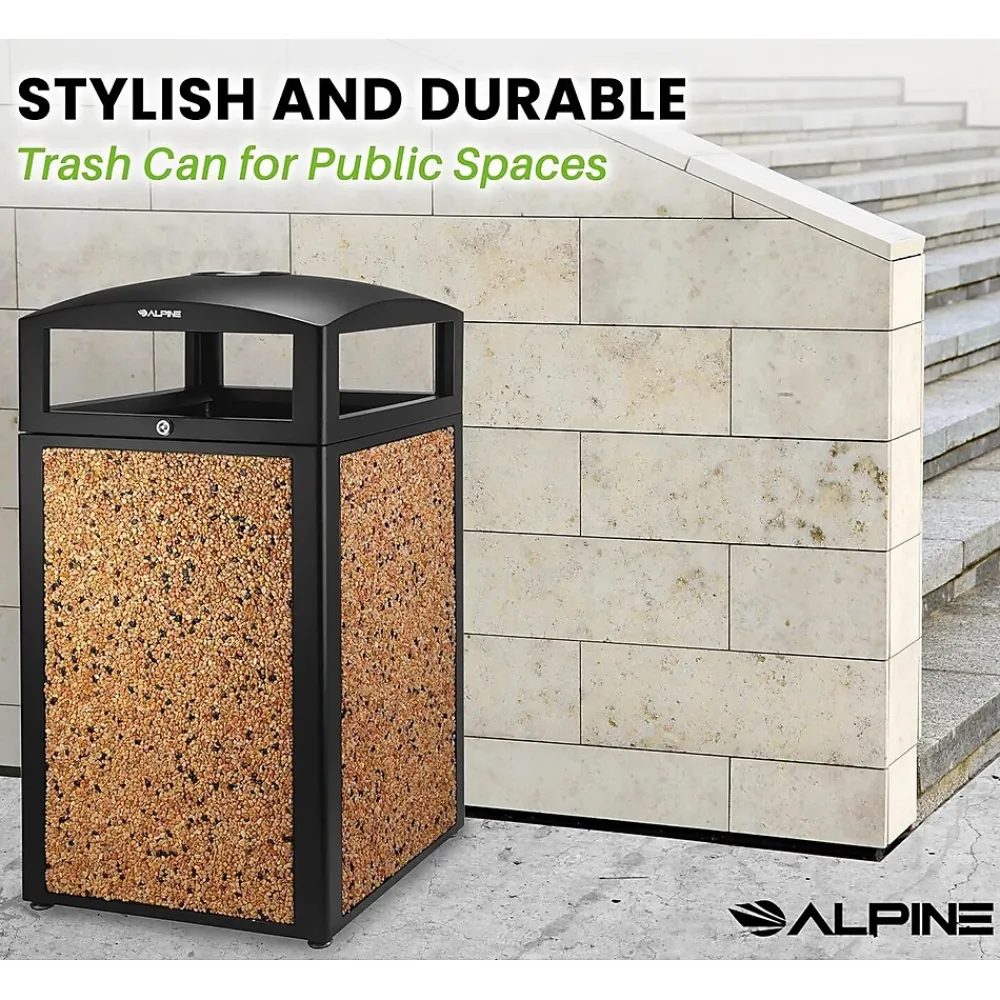 Steel Outdoor Trash Can with Covered Top and Open Sides, 40-Gallon, Black/Stone, 2/Pack (ALP472-40-STO-2PK)<Alpine Industries Best