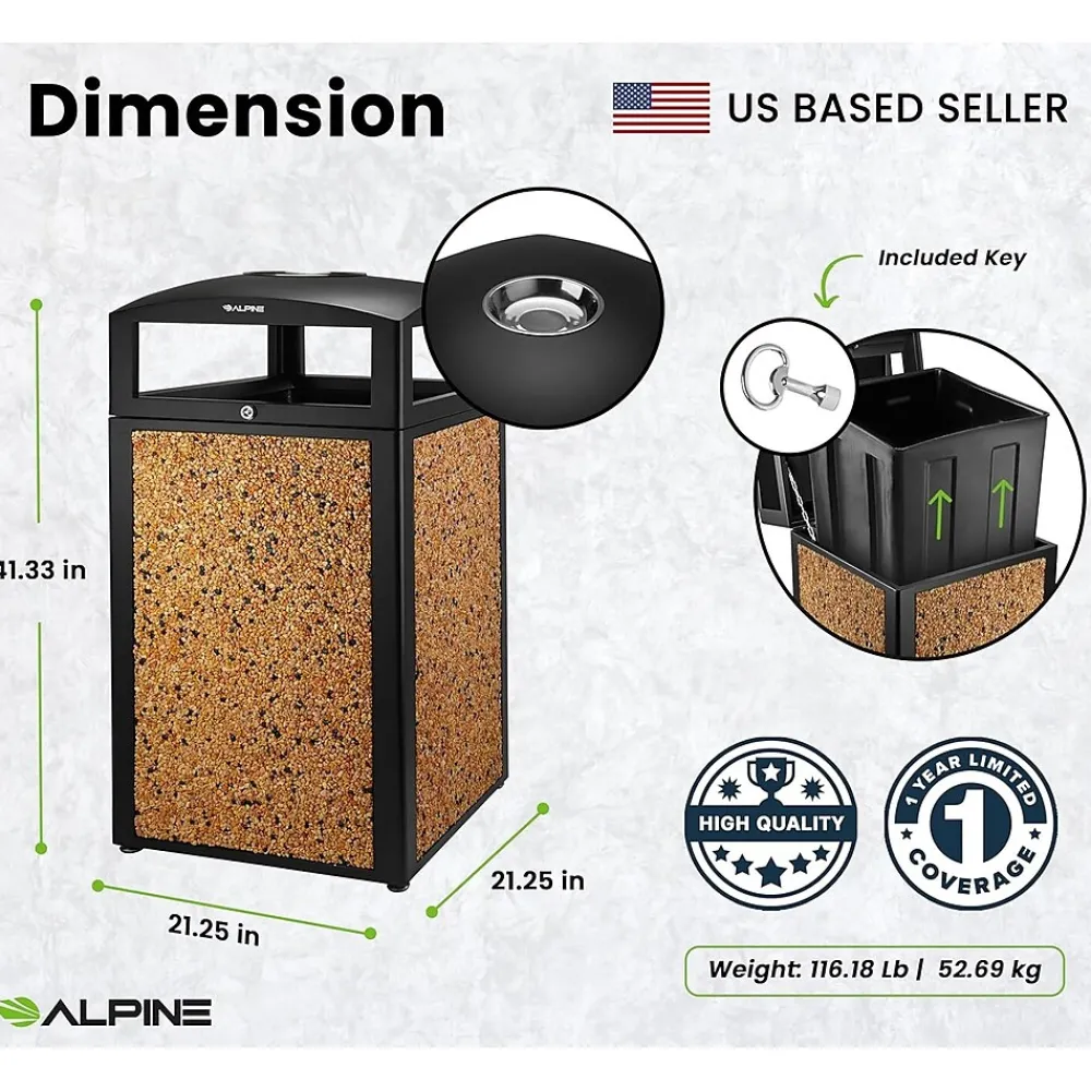 Steel Outdoor Trash Can with Covered Top and Open Sides, 40-Gallon, Black/Stone, 2/Pack (ALP472-40-STO-2PK)<Alpine Industries Best