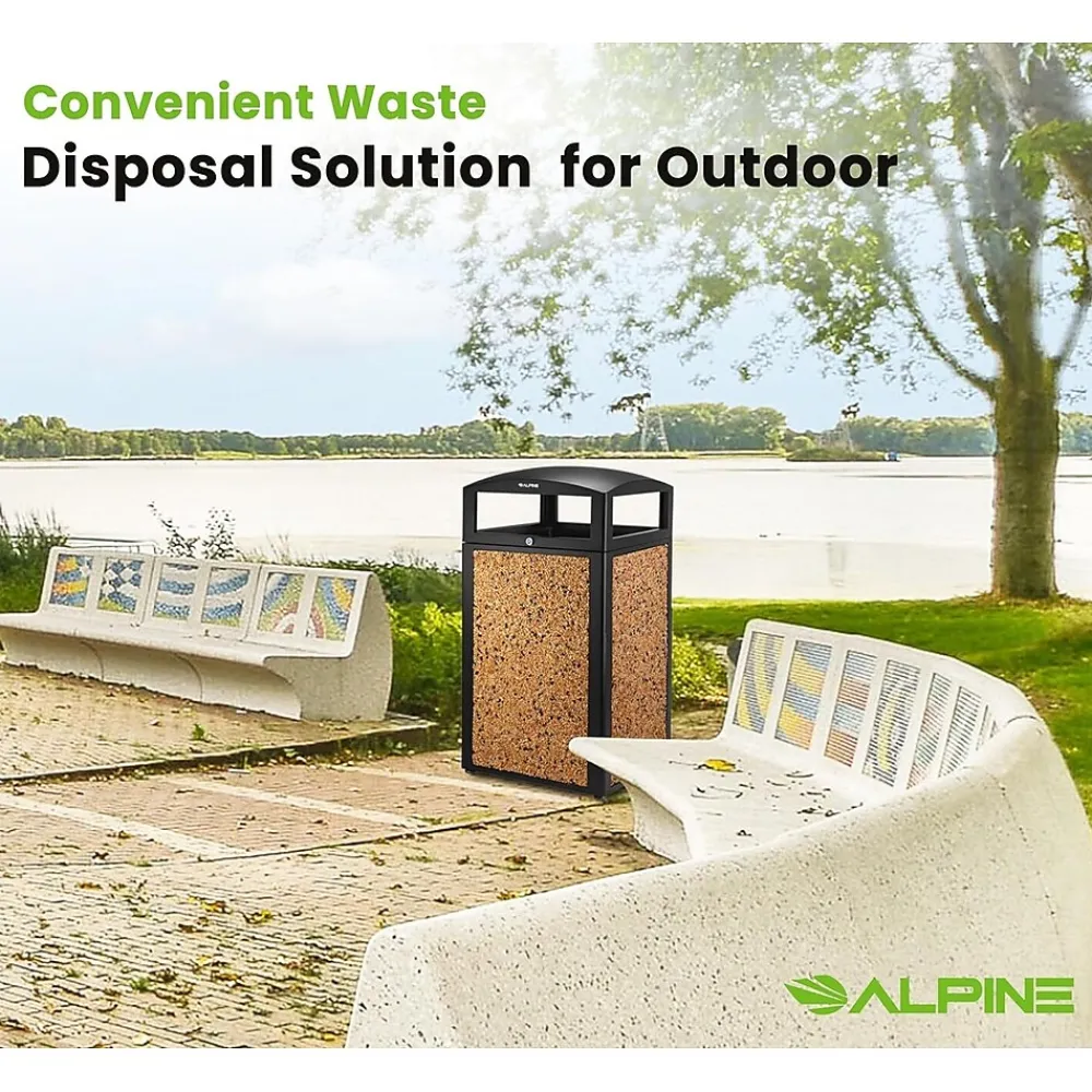 Steel Outdoor Trash Can with Covered Top and Open Sides, 40-Gallon, Black/Stone, 2/Pack (ALP472-40-STO-2PK)<Alpine Industries Best
