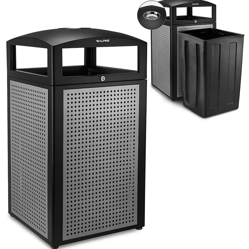 Steel Outdoor Commercial Trash Can with Ashtray Dome Lid, 40-Gallon, Silver, 2/Pack (ALP472-40-SIL-2PK)<Alpine Industries Discount