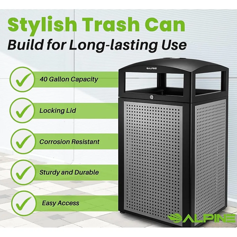 Steel Outdoor Commercial Trash Can with Ashtray Dome Lid, 40-Gallon, Silver, 2/Pack (ALP472-40-SIL-2PK)<Alpine Industries Discount