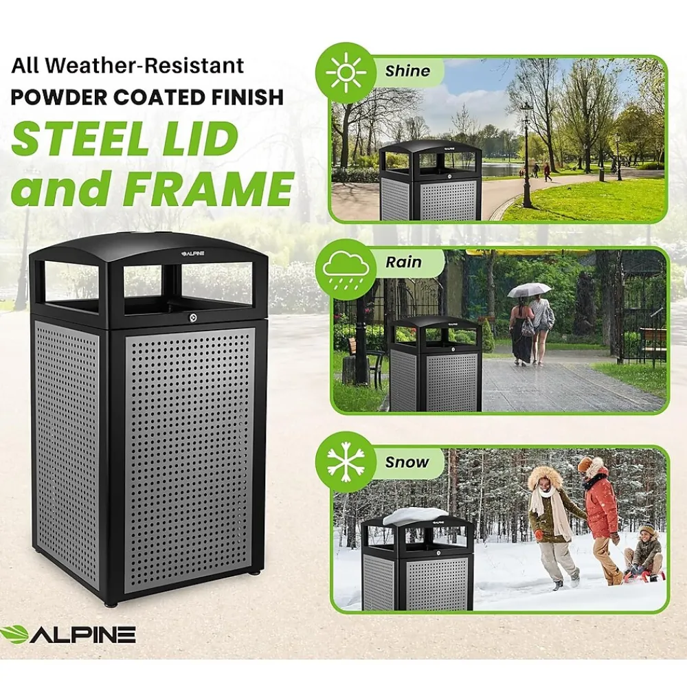 Steel Outdoor Commercial Trash Can with Ashtray Dome Lid, 40-Gallon, Silver, 2/Pack (ALP472-40-SIL-2PK)<Alpine Industries Discount