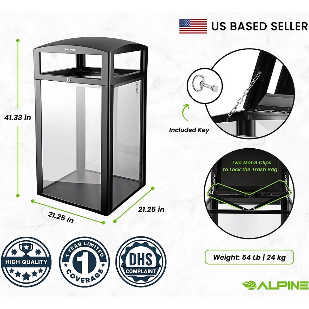 Steel/PC Outdoor Trash Can with Dome Lid, 40 Gallon, Clear (471-40-CLR)<Alpine Industries New