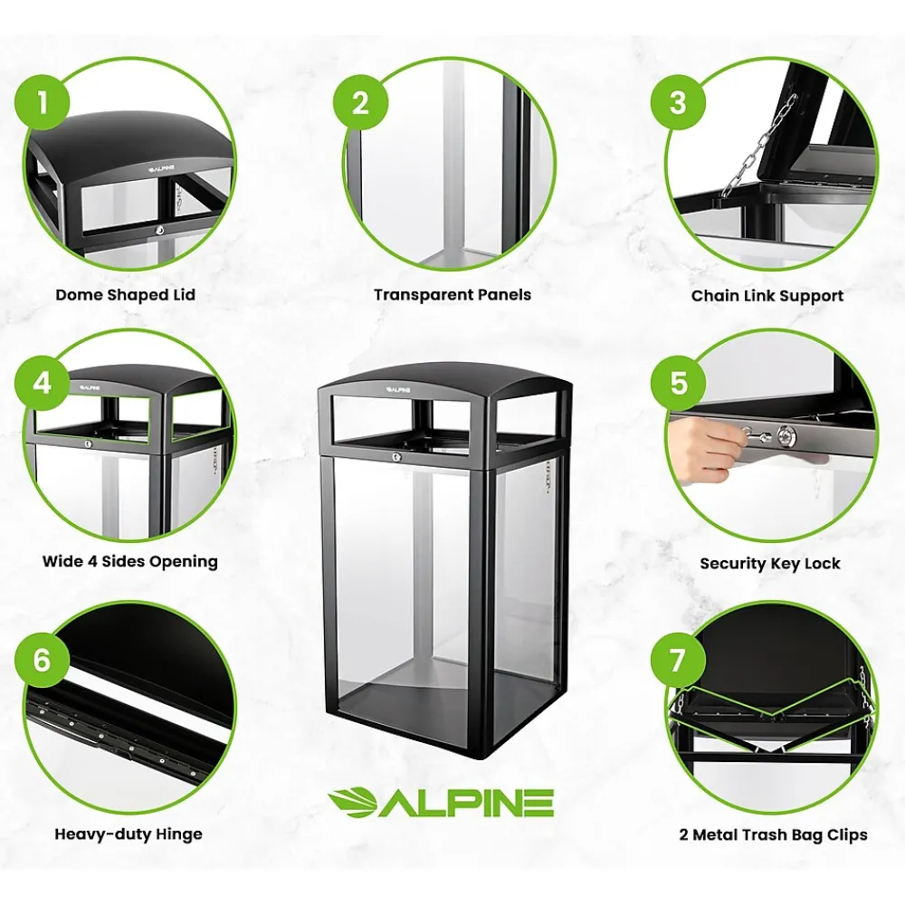 Steel/PC Outdoor Trash Can with Dome Lid, 40 Gallon, Clear (471-40-CLR)<Alpine Industries New