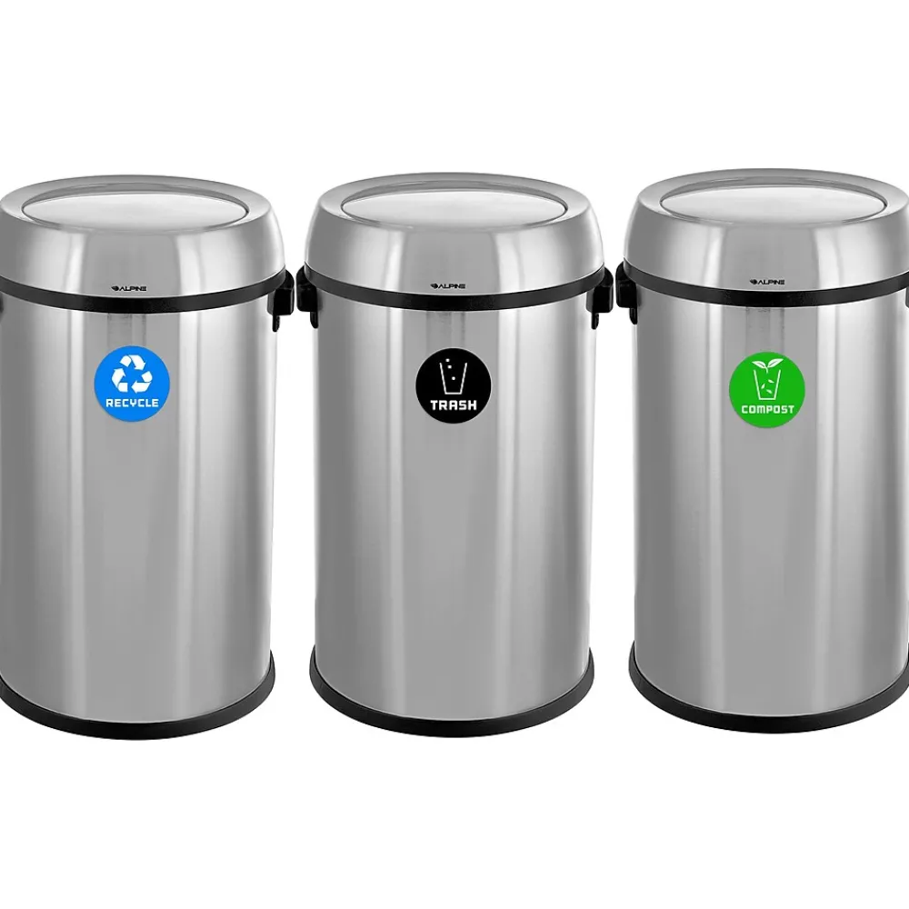 Three-Stream Trash/Compost/Recycling Station, 51-Gallon, Stainless Steel (ALP470-65L-1-R-T-CO)<Alpine Industries Clearance
