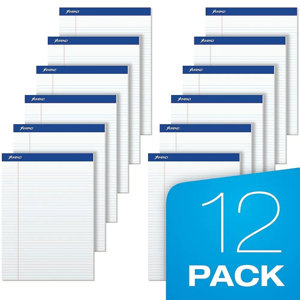 Notepads|Ampad Notepad, 8.5" x 11.75", Narrow Ruled, White, 50 Sheets/Pad, 12 Pads/Pack (20-322)