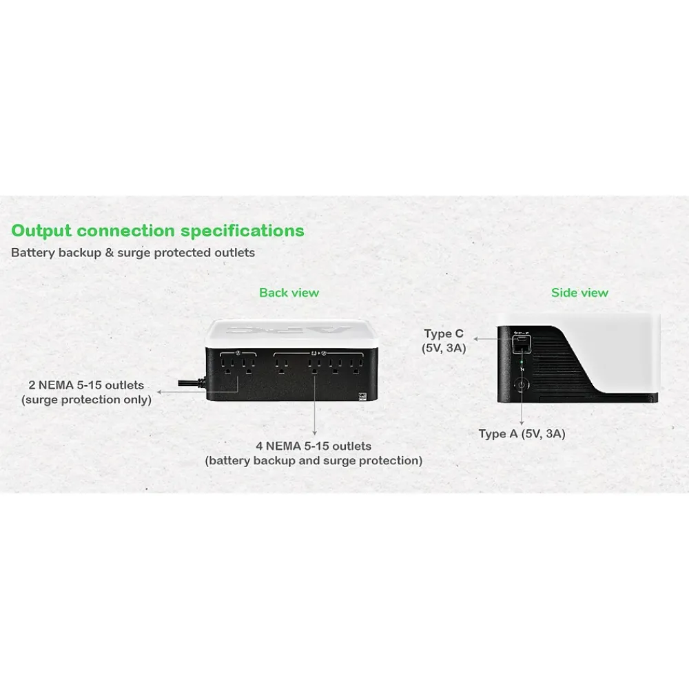 APC UPS Battery Backup & Surge Protector, 500VA UPS with 4 Backup Battery Outlets, USB Type-C, White (BE500G3)