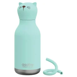 ASOBU Bestie Bottle Kitty Vacuum Insulated Stainless Steel Water Bottle with Reusable Flexi Straw, 16 oz., Blue (SBV44CA)
