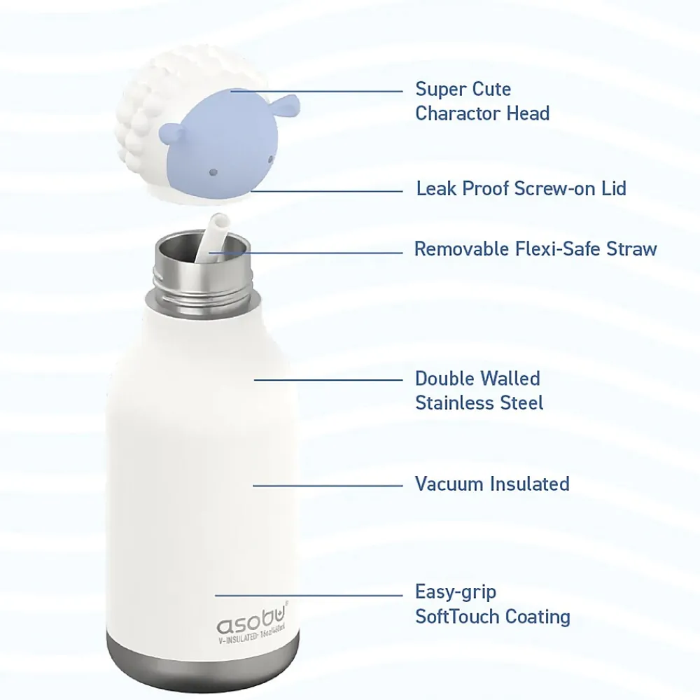 ASOBU Bestie Bottle Sheep Vacuum Insulated Stainless Steel Water Bottle with Reusable Flexi Straw, 16 oz., White (SBV44SH)