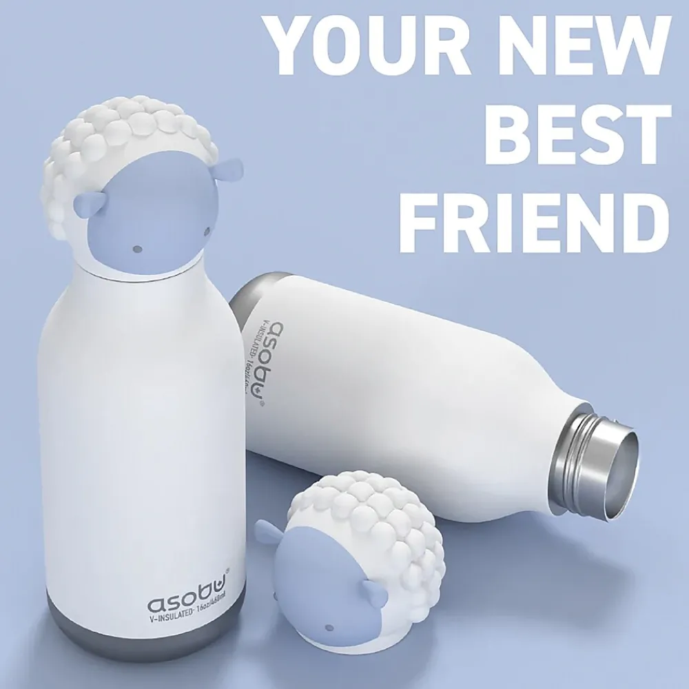 ASOBU Bestie Bottle Sheep Vacuum Insulated Stainless Steel Water Bottle with Reusable Flexi Straw, 16 oz., White (SBV44SH)