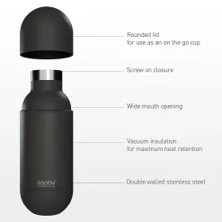 ASOBU Puramic Orb Stainless Steel Water Bottle, 14 oz., Black (ADNASBV30P)