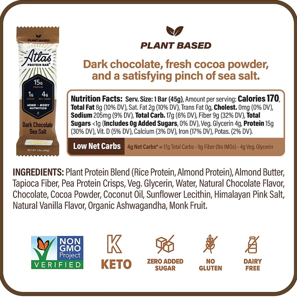 Atlas Gluten Free Chocolate Protein Bar, 1.6 oz., 5 Bars/Box 2/Box (600-02139)
