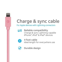 AT&T PVC Charge and Sync Lightning Cable, 4 ft., Pink (PVLC1-PNK)
