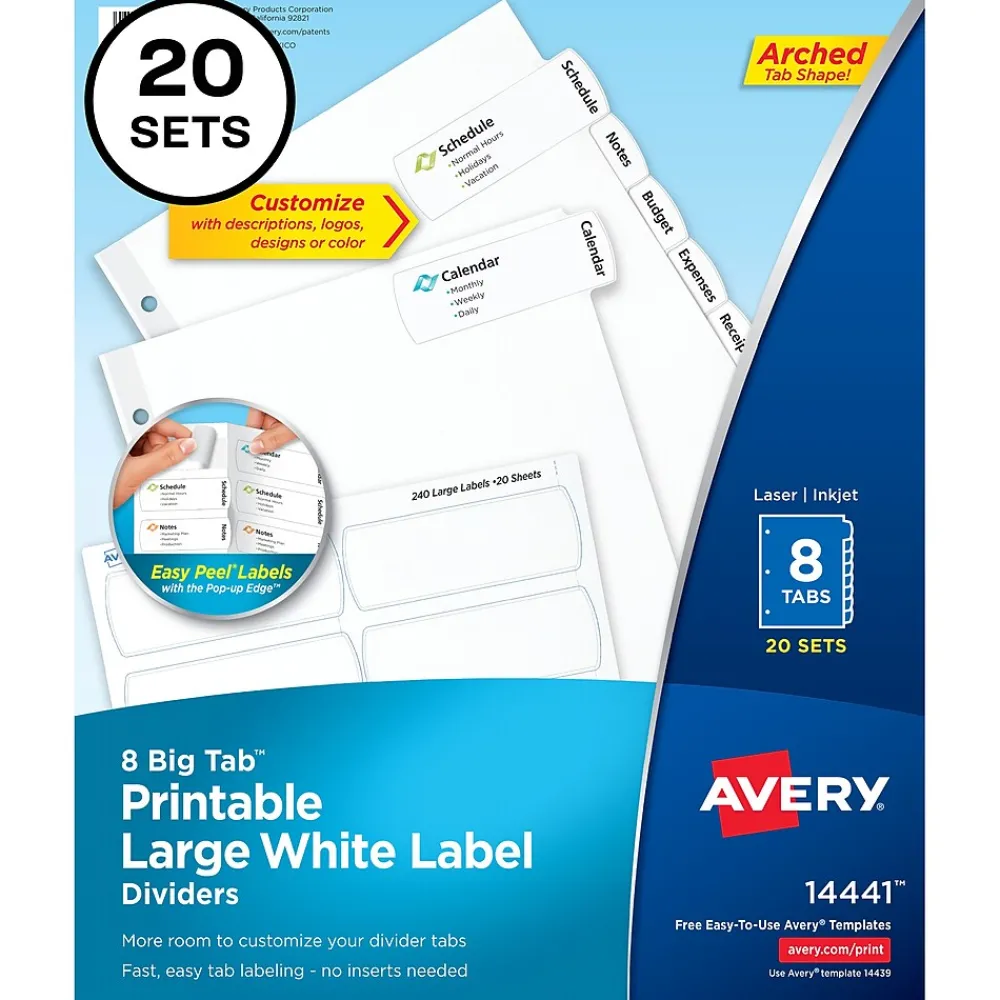 Dividers|Avery Big Tab Printable Paper Dividers with Large White Labels, 8 Tabs, White, 20 Sets/Pack (14441)