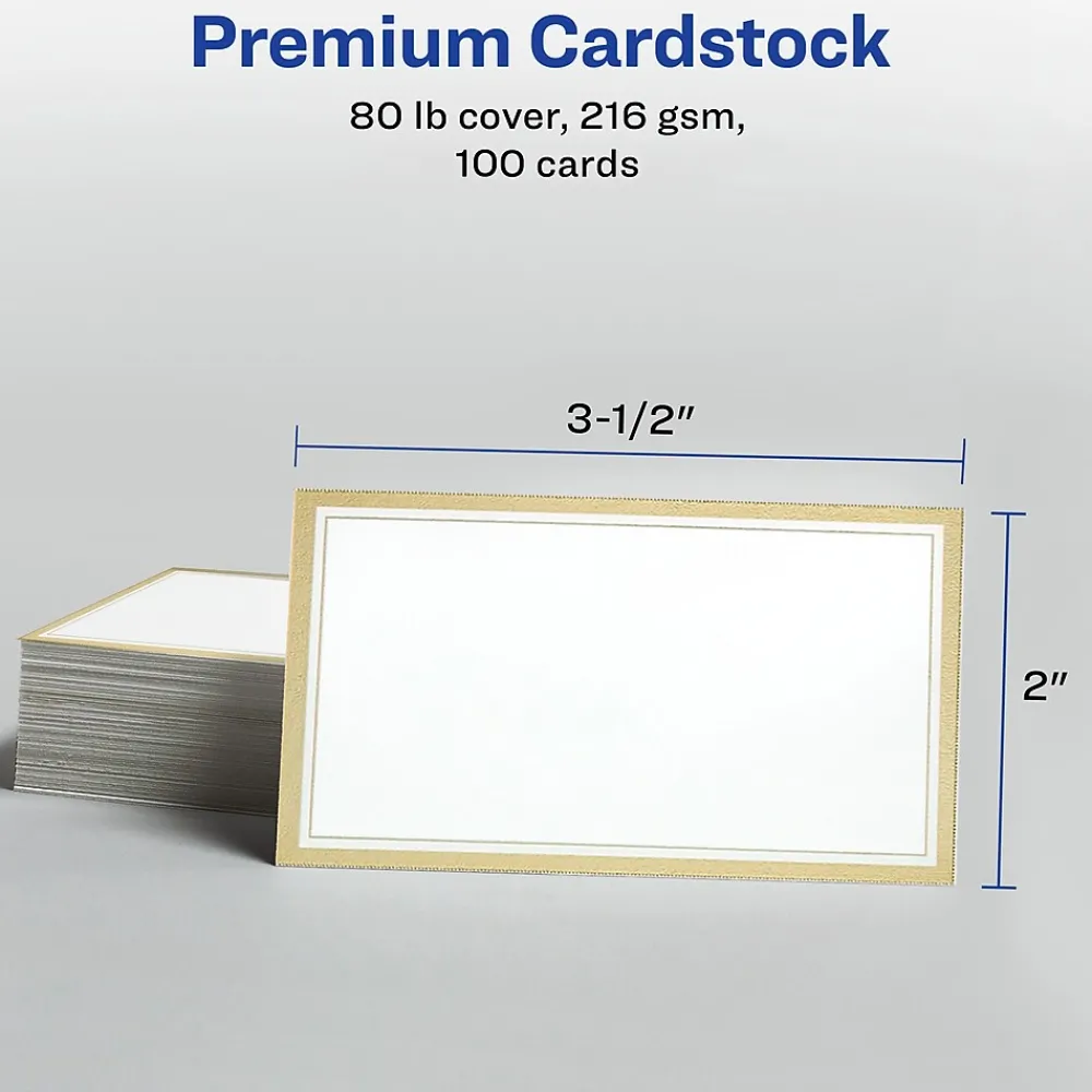 Business Cards*Avery Business Cards, 2" x 3 1/2", White/Gold, 10 Cards/Sheet, 10 Sheets/Pack, 100 Cards/Pack (3327)