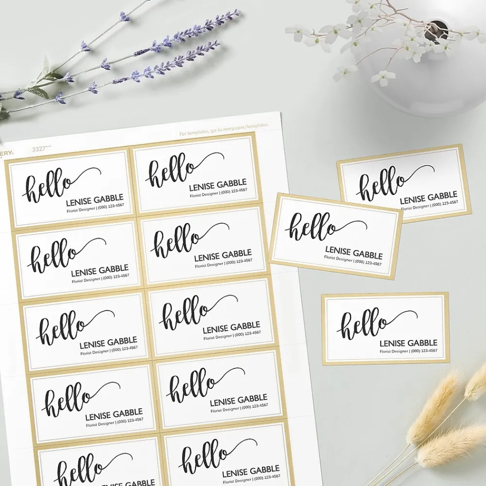 Business Cards*Avery Business Cards, 2" x 3 1/2", White/Gold, 10 Cards/Sheet, 10 Sheets/Pack, 100 Cards/Pack (3327)