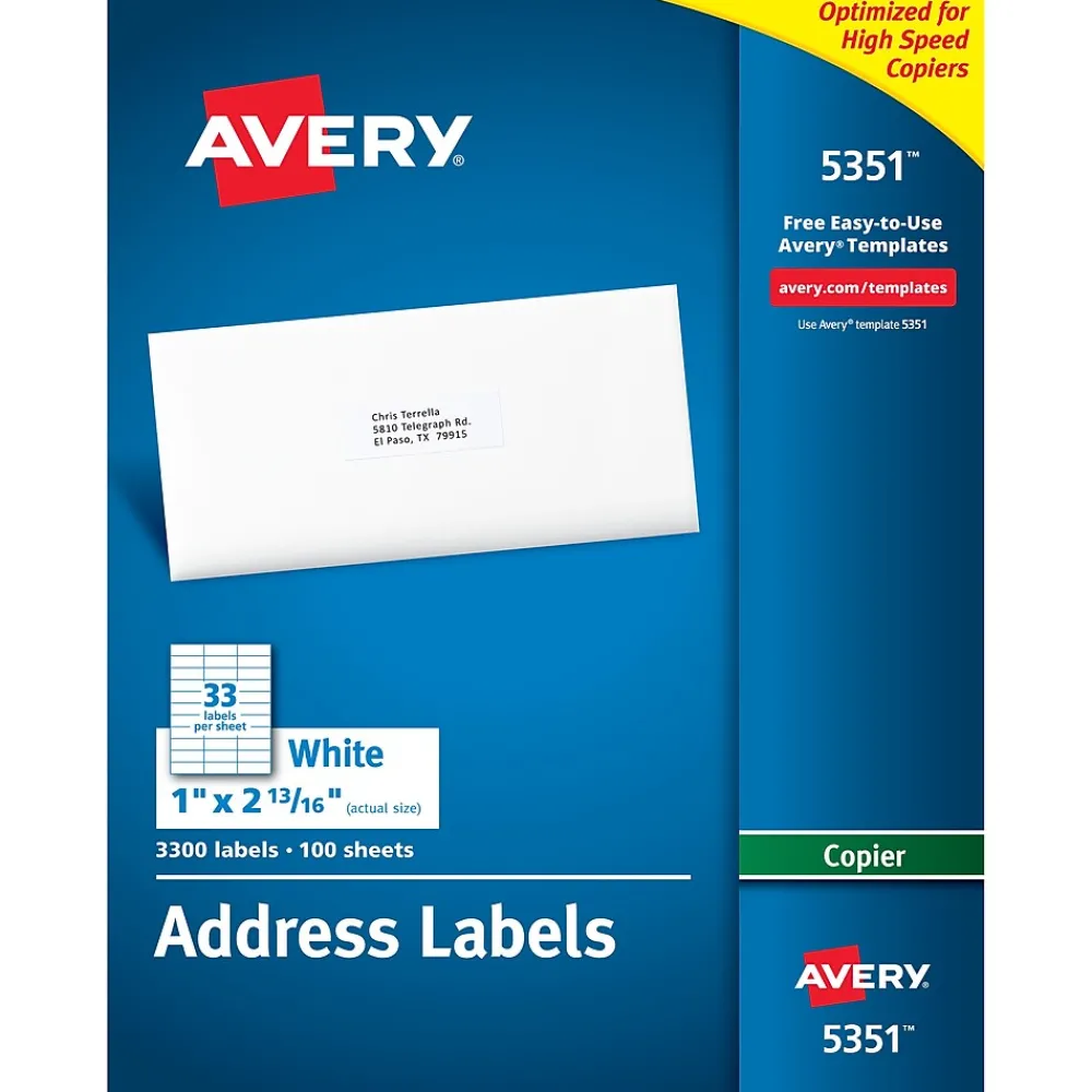 New Avery Copier Address Labels, 1" x 2-13/16", White, 3300 Labels/Box (5351)