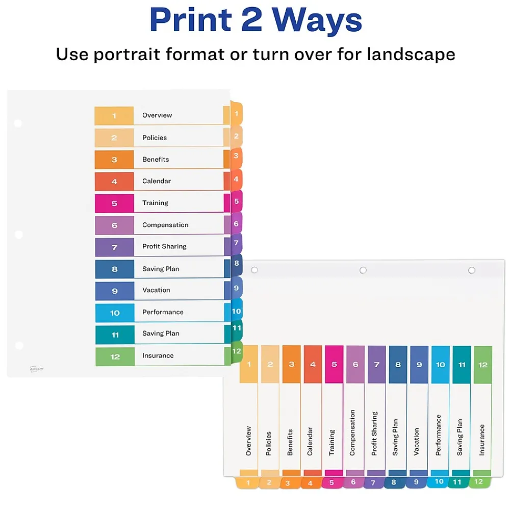 Dividers|Avery Customizable Table of Contents Dividers, 12-Tab, Multicolor, 3 Sets/Pack (11073)