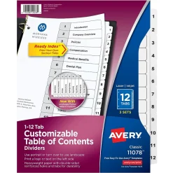 Dividers|Avery Customizable Table of Contents Dividers, 12-Tabs, White, 3 Sets/Pack (11078)