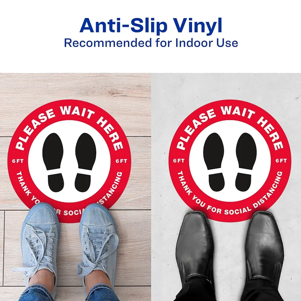 Avery Directional "Please Wait Here" Preprinted Floor Decals, 10.5" Diameter, White/Red, 5/Pack (83090)