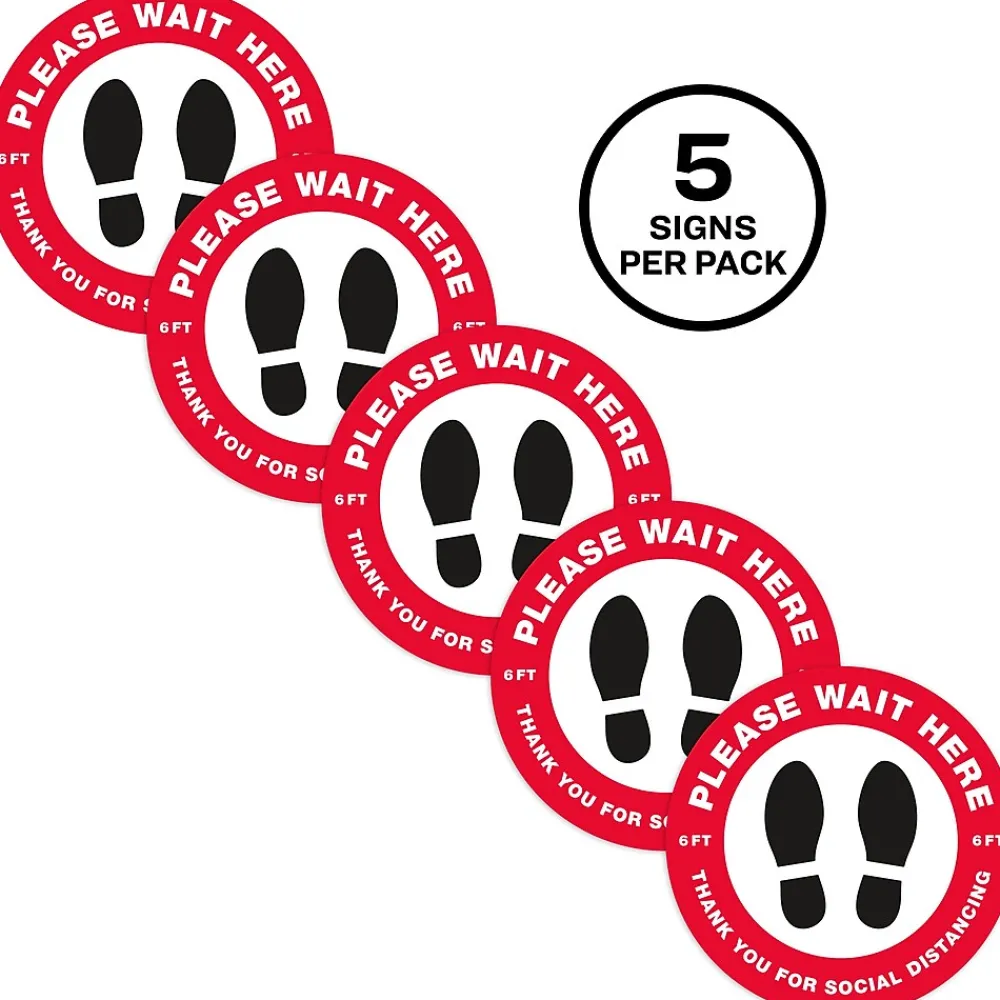 Avery Directional "Please Wait Here" Preprinted Floor Decals, 10.5" Diameter, White/Red, 5/Pack (83090)