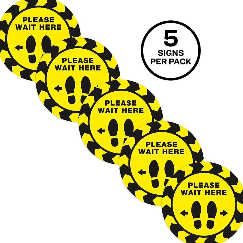 Avery Directional "Please Wait Here" Preprinted Floor Decals, 10.5" Diameter, Yellow/Black, 5/Pack (83020)