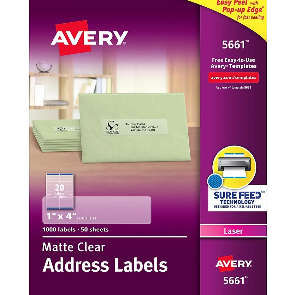 Clearance Avery Easy Peel Laser Address Labels, 1" x 4", Clear, 1,000 Labels/Box (5661)