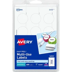 Labels|Avery Easy Peel Laser/Inkjet Multipurpose Labels, 1" Dia, White, 600 Labels/Pack (5410)