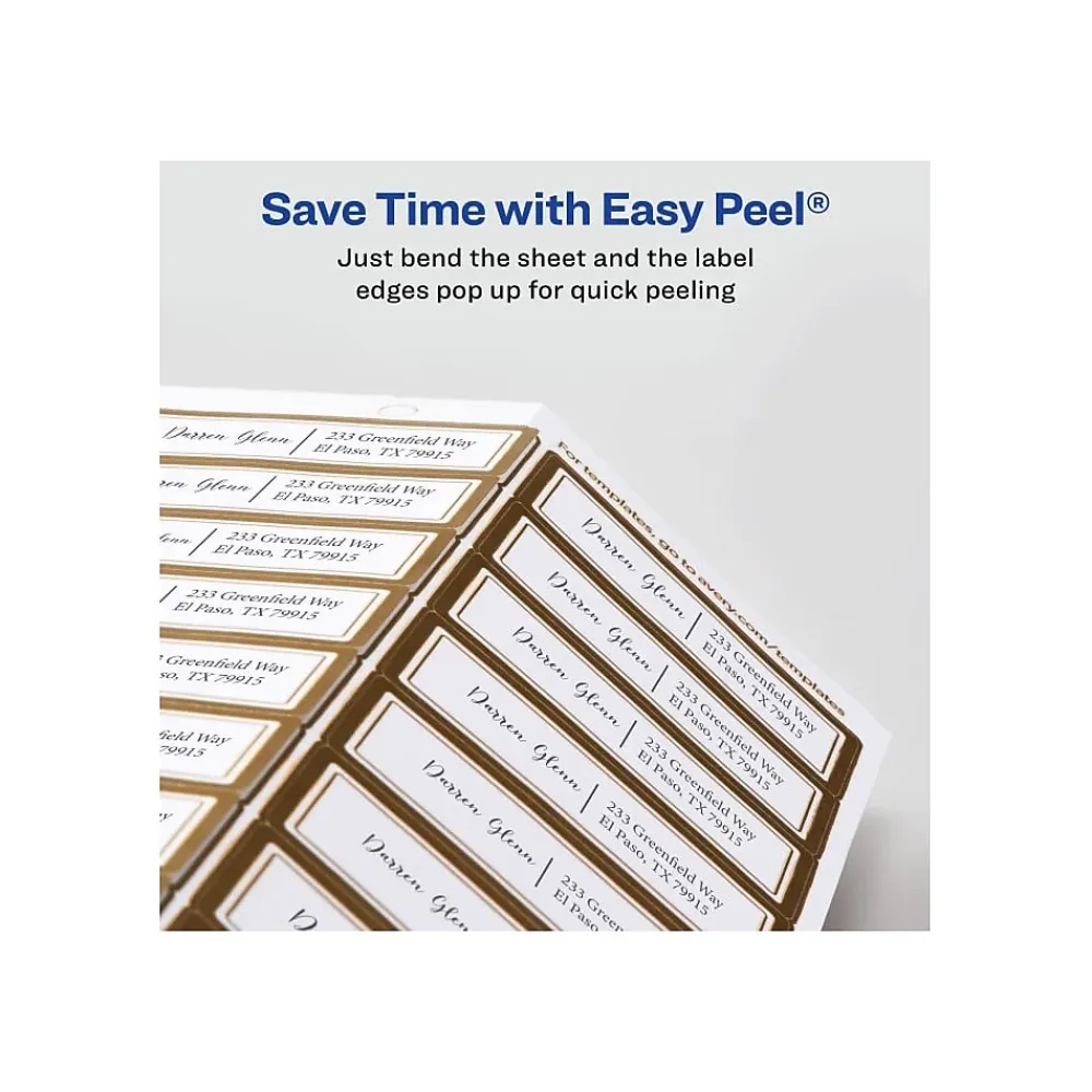 Discount Avery Easy Peel Laser/Inkjet Address Labels, 1" x 2 5/8", White with Metallic Gold Borders, 300 Labels/Pack (6540)
