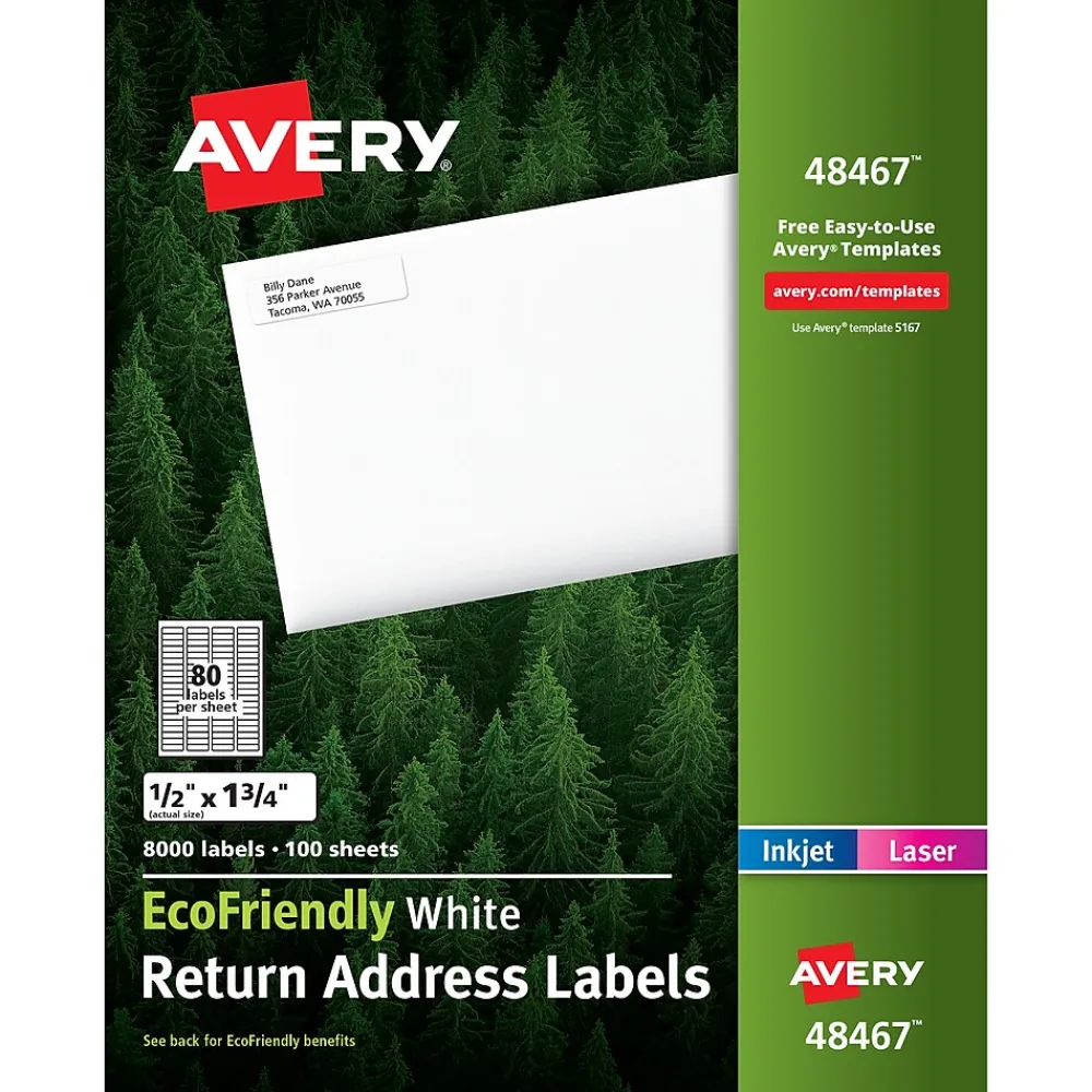 New Avery EcoFriendly Laser/Inkjet Return Address Labels, 1/2" x 1-3/4", White, 8,000 Labels/Pack (48467)