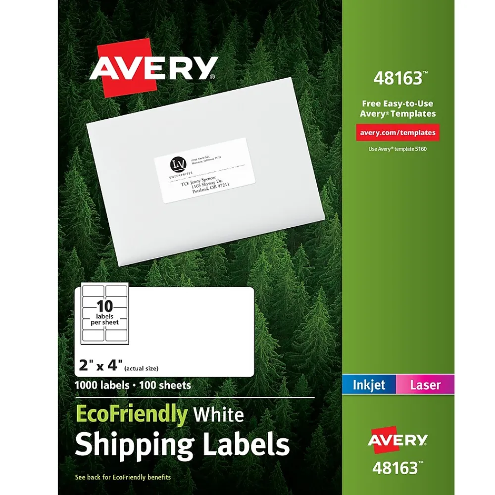 Labels|Avery EcoFriendly Laser/Inkjet Shipping Labels, 2" x 4", White, 1,000 Labels/Box (48163)