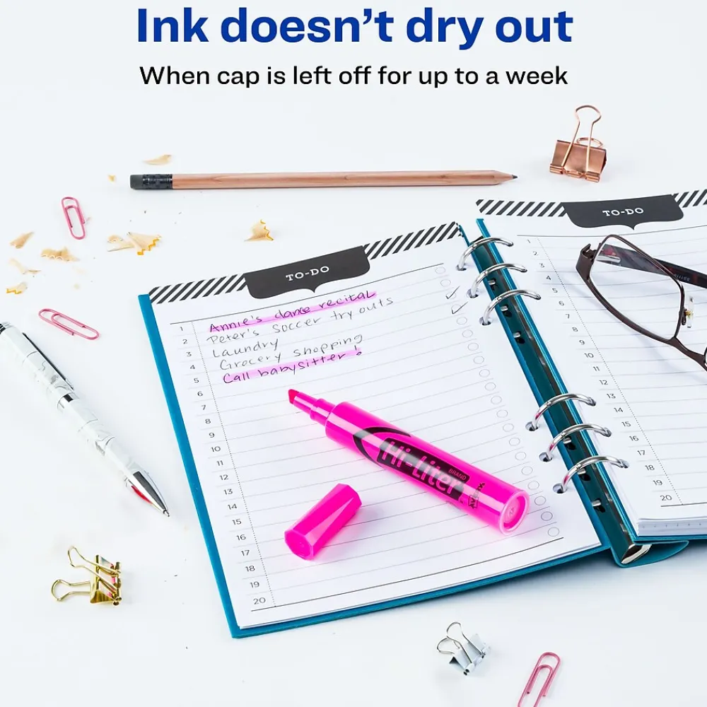 Highlighters|Avery Hi-Liter Tank Highlighters, Chisel, Pink, Dozen (24010)