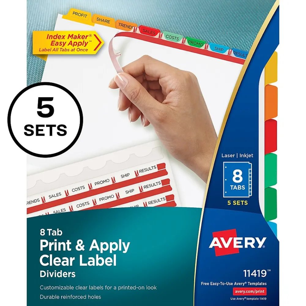 Dividers|Avery Index Maker Paper Dividers with Print & Apply Label Sheets, 8 Tabs, Multicolor, 5 Sets/Pack (11419)