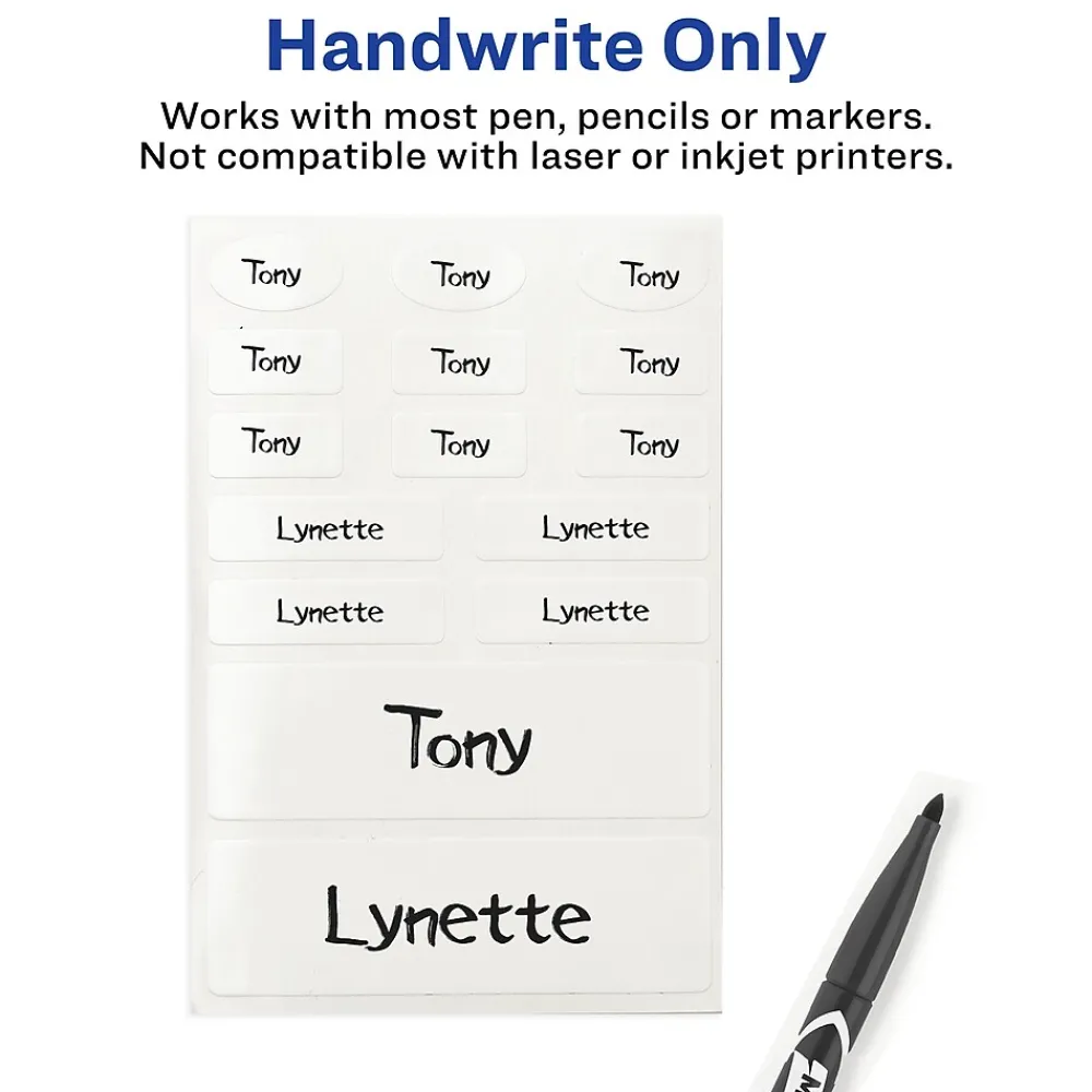 Labels|Avery No-Iron Fabric Labels, Assorted Shapes and Sizes, White, Non-Printable, 45 Labels/Pack (40700)