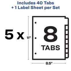 Dividers|Avery Print & Apply Blank Tab Dividers, 8-Tab, Blue, 5/Pack (11411)
