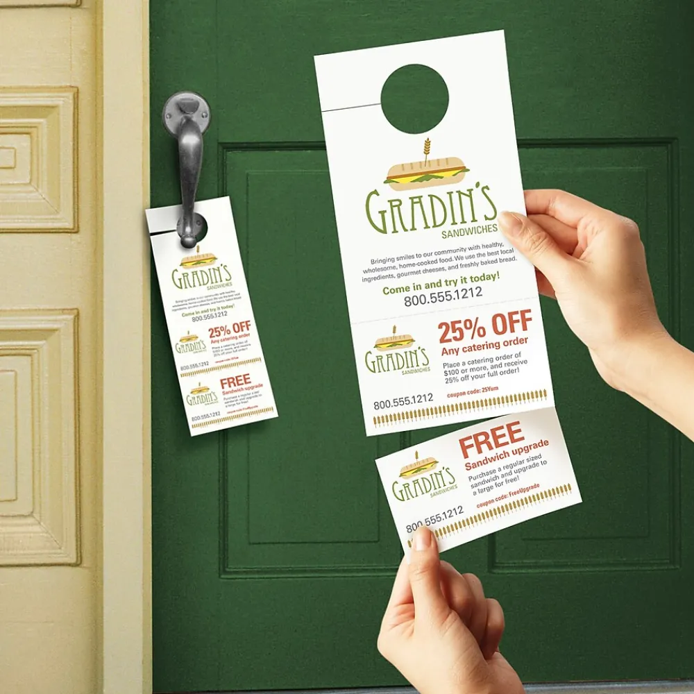 Business Cards*Avery Printable Door Hangers with Tear-Away Cards, 4 1/4" x 11", Matte White, Laser/Inkjet, 80/Pack (16150)