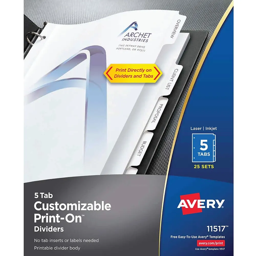 Dividers|Avery Print-On Paper Dividers, 5 Tabs, White, 25 Sets/Pack (11517)
